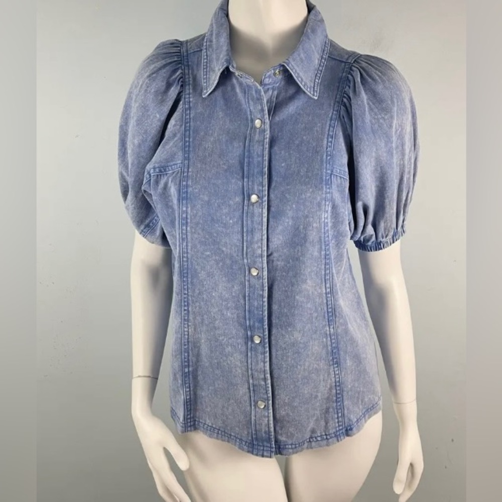 VICI Puff Sleeve Denim Pearl Snap Top